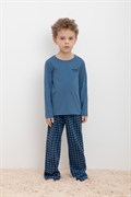К 1600/синяя волна,бежевая клетка пижама детская (фуфайка дл.рукав, брюки) 