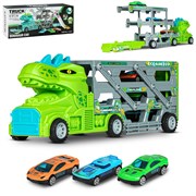 Автовоз-динозавр с транспортом,3 метал.машинки в наб.,2 трековых спуска,телескопич.платформа. JB0405229
