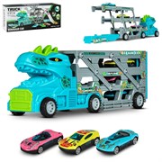 Автовоз-динозавр с транспортом,3 метал.машинки в наб.,2 трековых спуска,телескопич.платформа. JB0405228